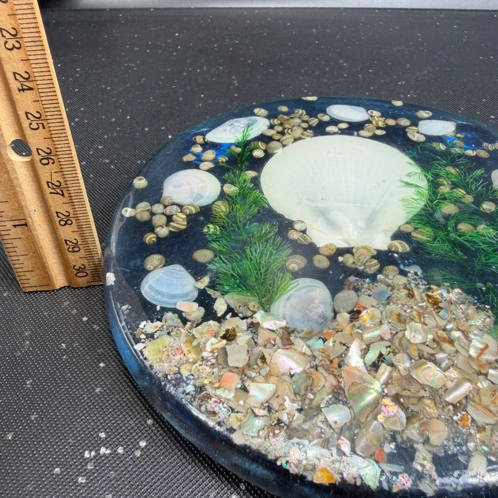 Vintage Lucite Seashell Trivet 6 Inch Round Clear Resin Coastal Decor Blue White